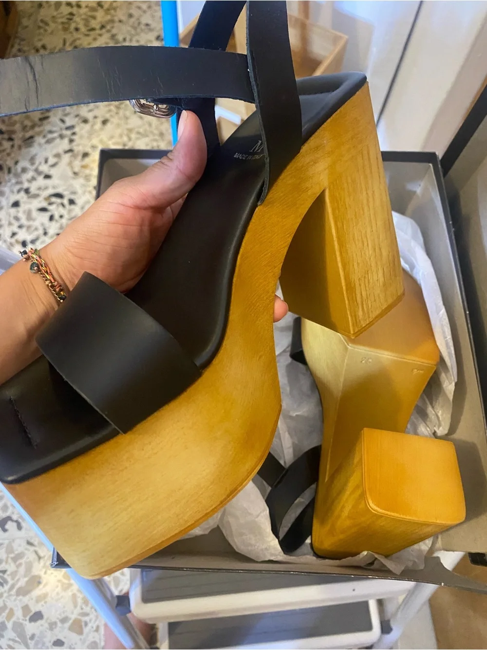 Black Leather Strap Platform Sandals with Wood-Look Heel